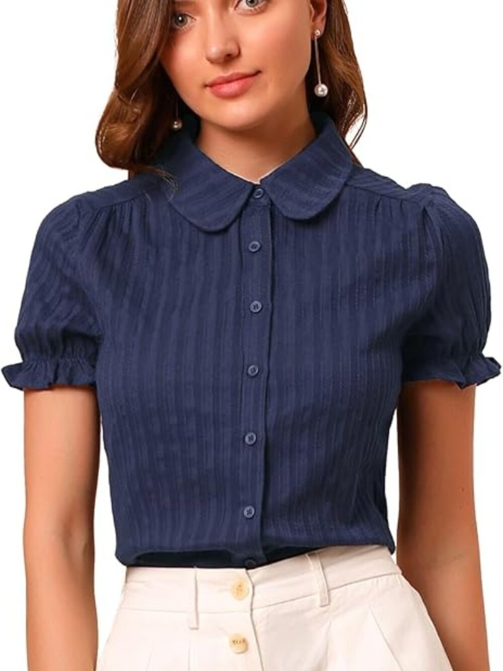 New‎ - Women's Peter Pan Collar Shirt Cotton Vintage Short Sleeve Button Down